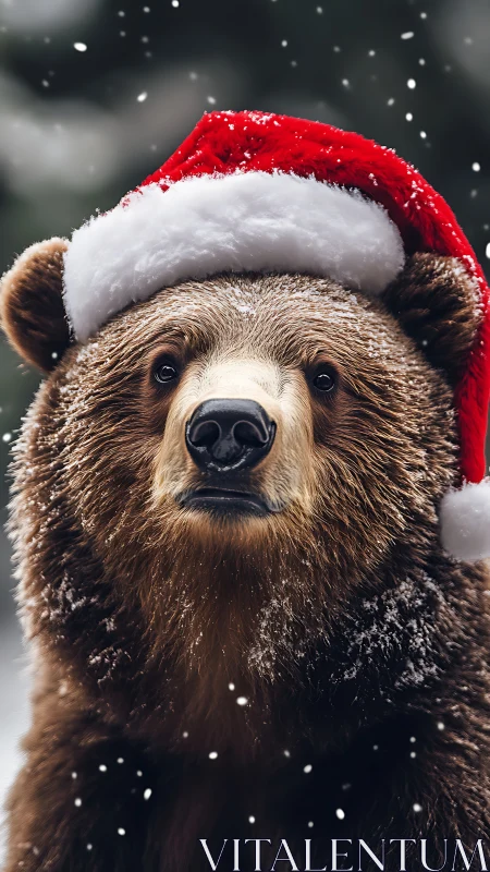 Festive brown bear in snowfall wears a bright Santa hat