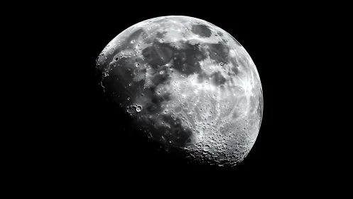 Detailed lunar close-up shows rugged craters in stark contrast.