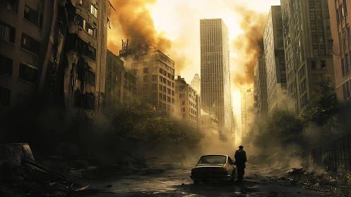 Post-apocalyptic urban street with damaged high-rise buildings.
