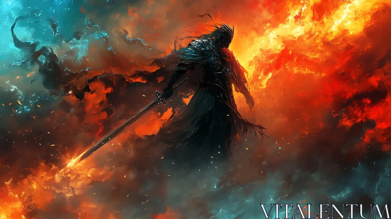 Sword-wielding shadow warrior strides through raging elemental fire.