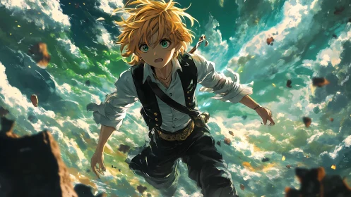 Skybound anime hero plunges through swirling emerald clouds.