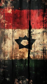 Weathered tricolor flag with central hexagram on wood planks.