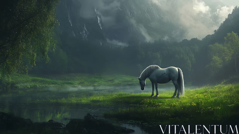 White horse grazing in misty alpine valley, cinematic lighting