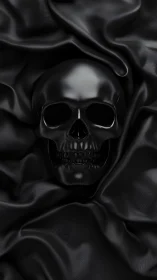 Black polished skull centered within draped dark fabric.