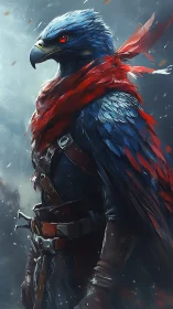 Crimson-scarfed hawk warrior stands ready in swirling mist