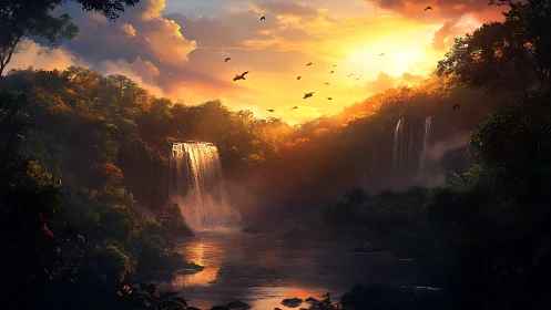 Sunlit jungle waterfall valley under glowing sunset sky.
