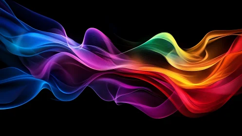 Multicolored light waves curve smoothly across black background