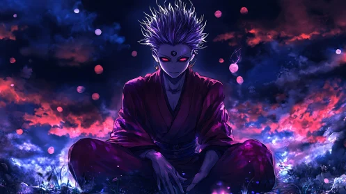 Nocturnal astral monk with crimson ocular resonance poised.