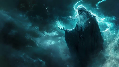 Stormlit archmage whispers galaxies into swirling night