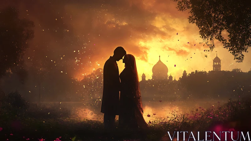 Silhouetted Couple in Romantic Pose Backlit by Golden Sunset with Eastern Orthodox Architecture