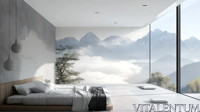 Minimalist mountain-view bedroom with panoramic glazing.