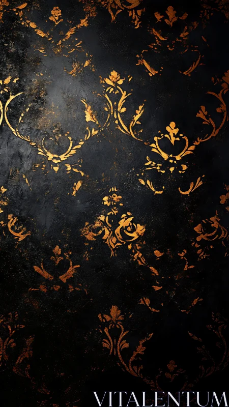 Aged baroque damask pattern in distressed gold on black wall