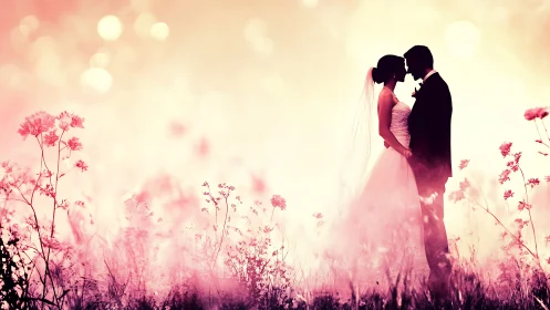 Bride and Groom Share First Kiss in Romantic Flower Field