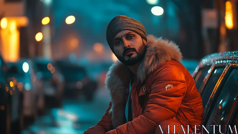 Portrait of turbaned man in orange parka on neon-lit wet street