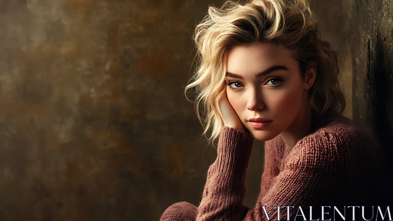 Moody portrait of young woman in soft knitted sweater.