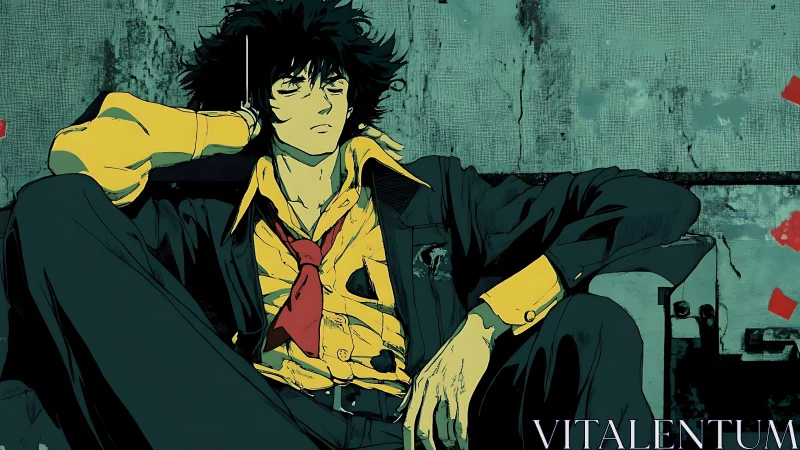 Relaxed anime drifter reclines against distressed wall background