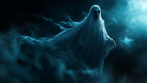 Spectral wraith materializing in teal volumetric fog field