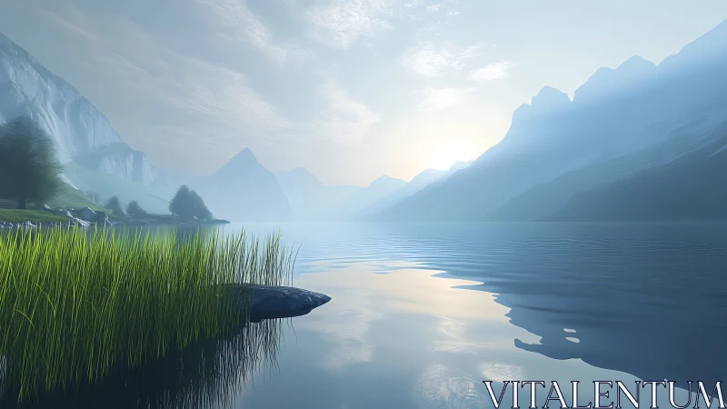 Morning haze over tranquil alpine lake and soft reeds.