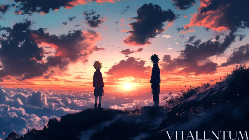 Sunset anime silhouettes above dramatic cloud horizon.