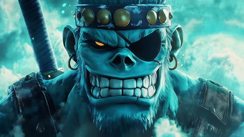 Blue undead warrior with eyepatch and sword in misty glow.