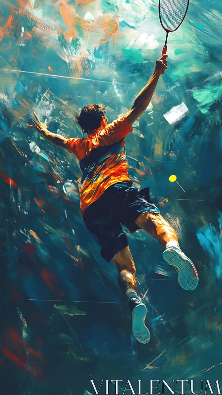 Badminton player jumps upward to smash incoming shuttlecock