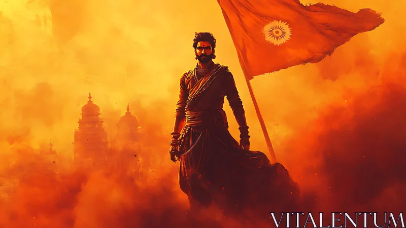 Heroic warrior strides through golden battle haze with pride.