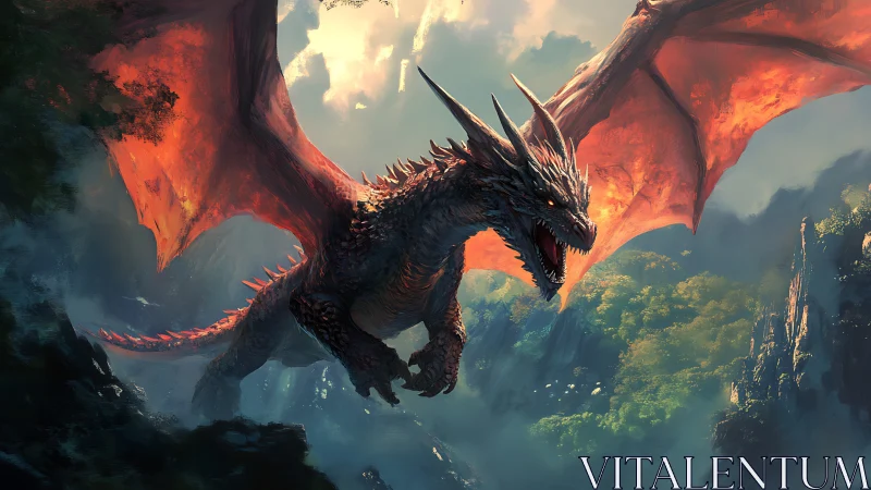 Fiery mountain dragon soars boldly across a misty sky
