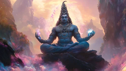Blue-skinned meditative figure on rock amid misty mountains.