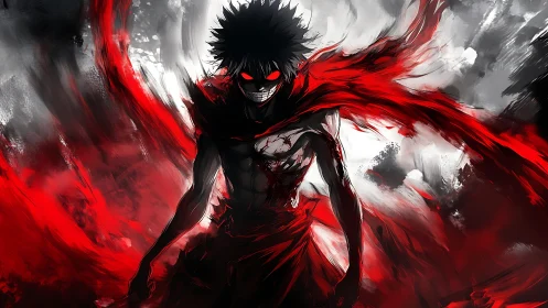 Demonic vector silhouette with turbulent red energy fields.