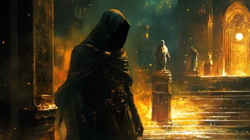 Hooded figure stands in fiery temple with glowing statues