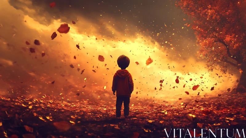 Child adrift in wildfire autumn, gazing into amber storm.