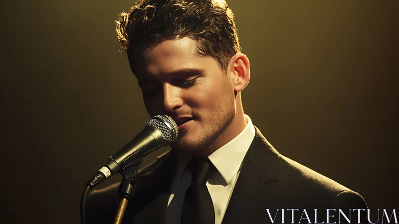 Elegant crooner leans into microphone under warm stage glow