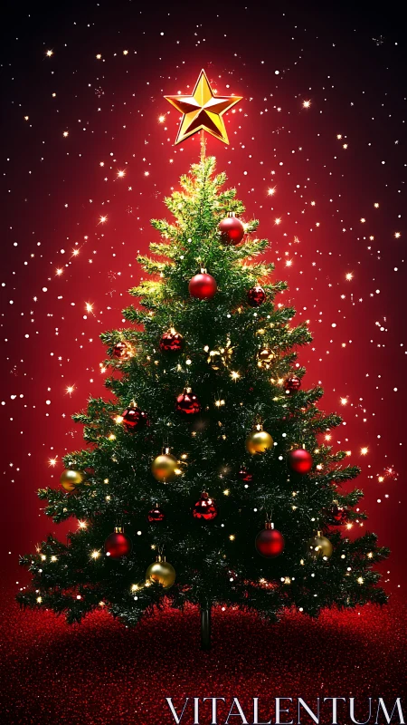 Glowing Christmas tree under a starry red holiday sky.