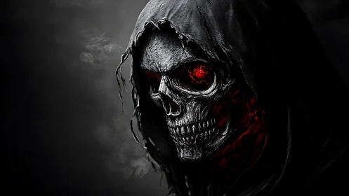 Hooded skeletal figure with illuminated red eyes is rendered