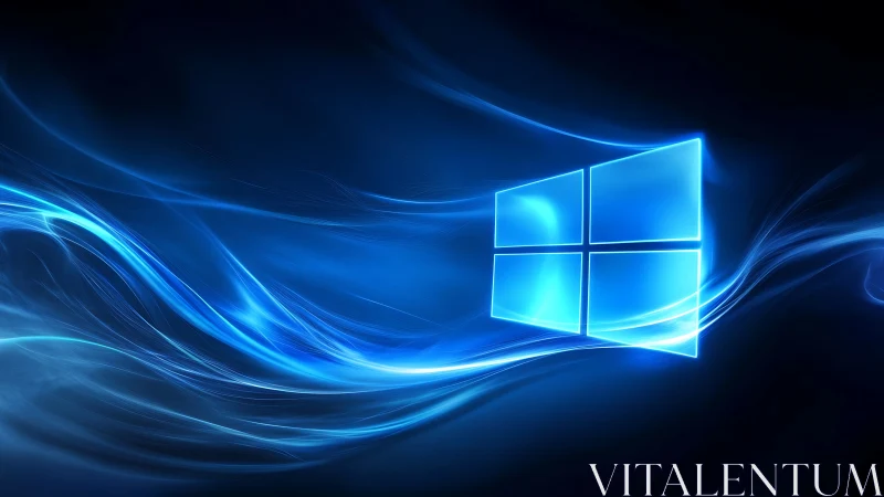 Glowing blue window icon floats in dynamic light waves.