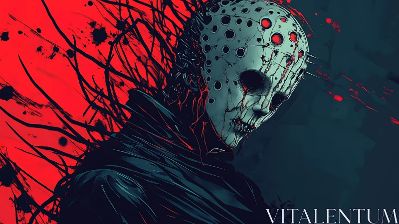 Masked skeletal figure stands in front intense red void