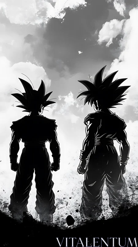 Two anime warriors share a quiet moment beneath bright skies.