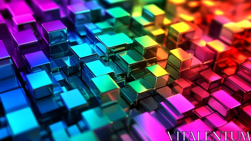 Vibrant 3D Metallic Cubes in Abstract Rainbow Pattern.