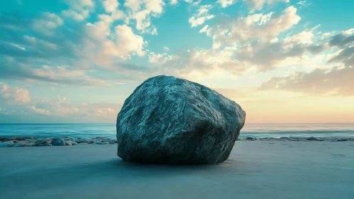 Solitary tideworn boulder dreaming in pastel sunrise hush.