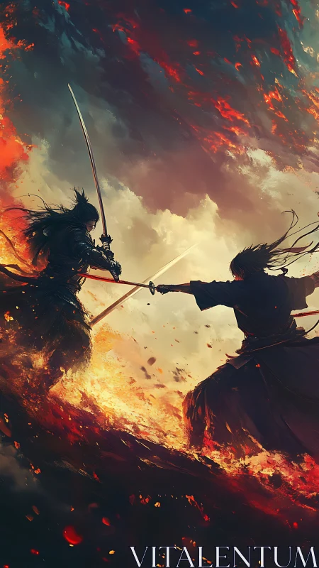 Twin blades crossing in a storm of fire and gathering night.