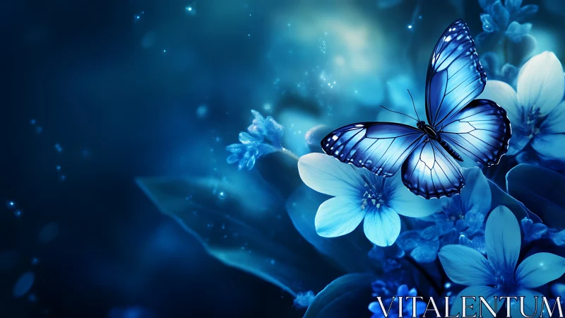 Luminous blue butterfly over glowing blossoms at night.
