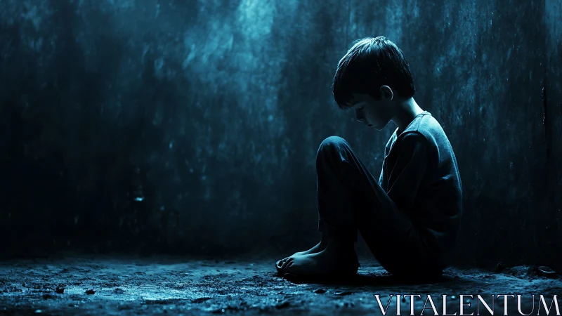 Boy sits against textured wall in low blue-toned lighting