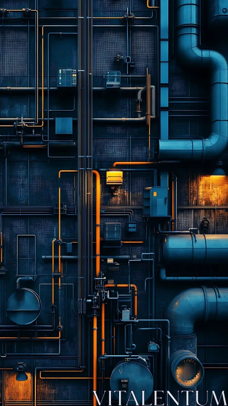 Industrial pipes glow with warm orange lines against steel blue