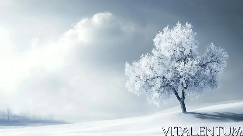 Quiet winter tree glowing softly in a peaceful snowfield.