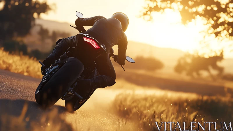 Motorcyclist leaning into rural curve at golden sunset.