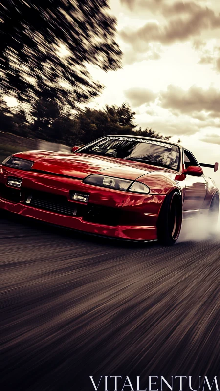 Red sports coupe in controlled high-speed cornering drift.