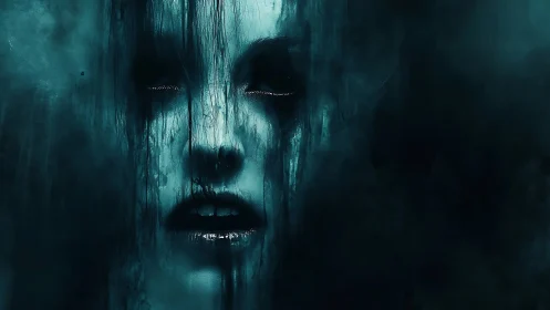 Spectral female visage dissolving in teal atmospheric fog