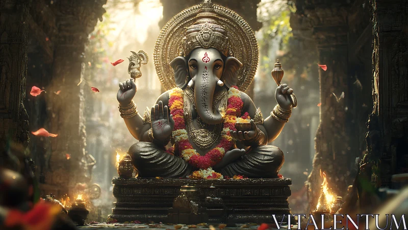 Ganesh idol in ornate stone temple with warm ritual light.