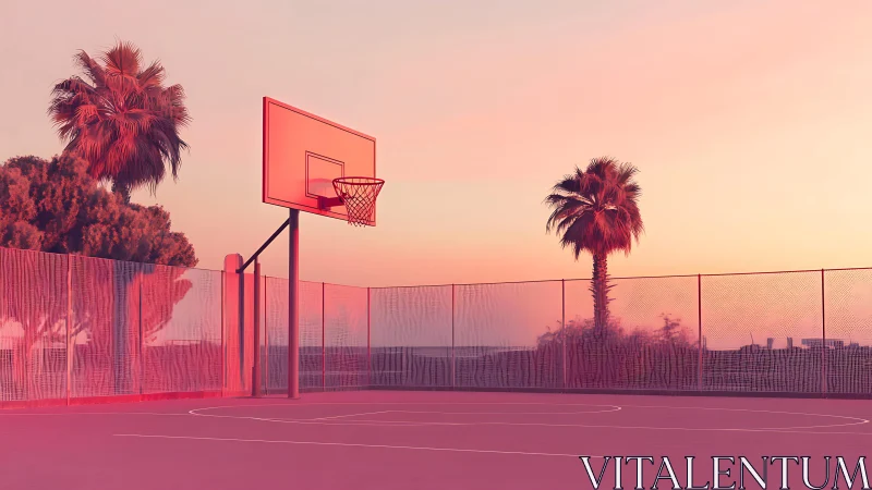 Sunset court hush under palm trees and pastel glow.