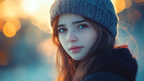 Winter portrait of young woman in soft golden bokeh light.